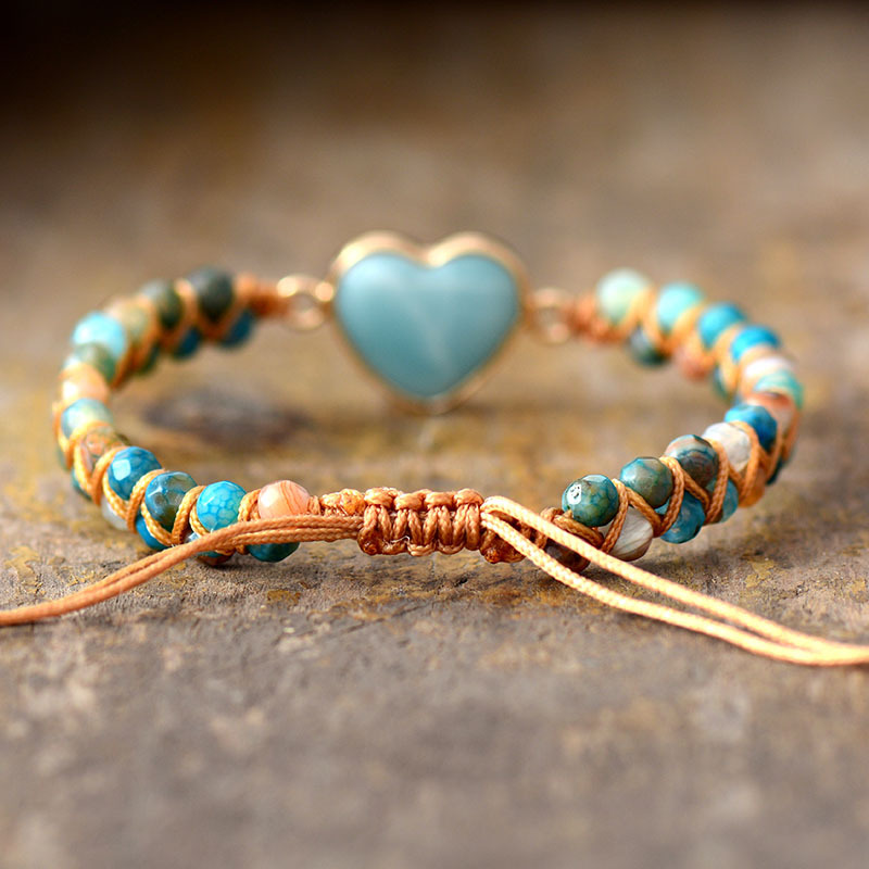 Wholesale newest adjustable amazonite heart shape double-layer hand weaving natural crystal beads bracelet jewelry for sale