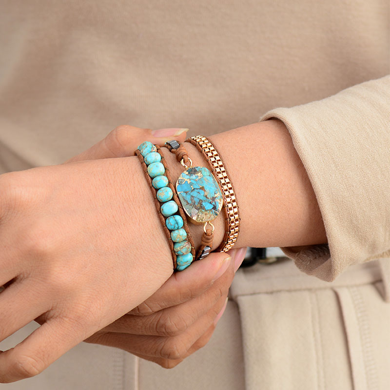 Three layer winding handmade woven leather rope bohemian beaded wind cut corner natural turquoise crystal bracelet jewelry gifts