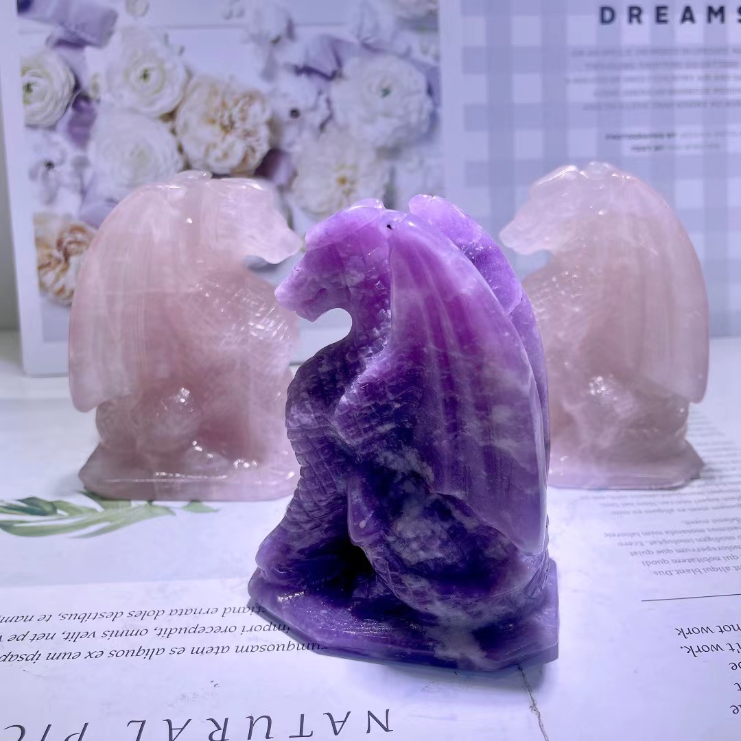 New product rose quartz hand carved gemstone natural healing flying dragon crystal carvings for decoration