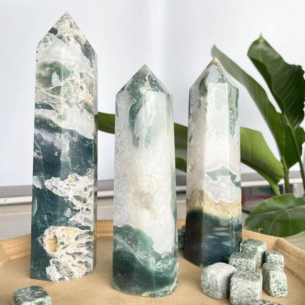 New arrivals best price healing polished natural druzy moss agate crystal point tower wand wholesale for fengshui