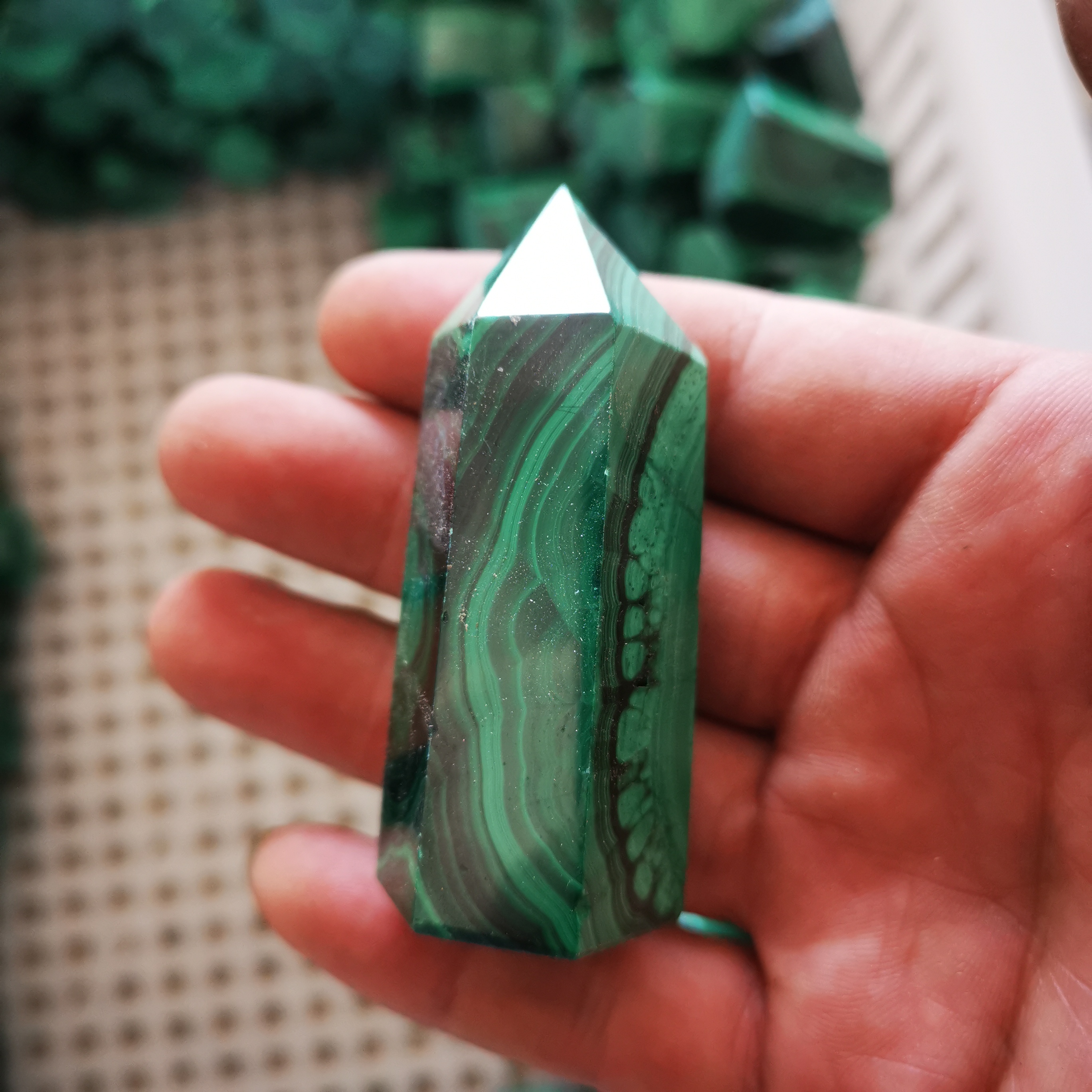 Healing reiki natural gemstone folk crafts wholesale bulk polished malachite green stone crystal tower point for decoration