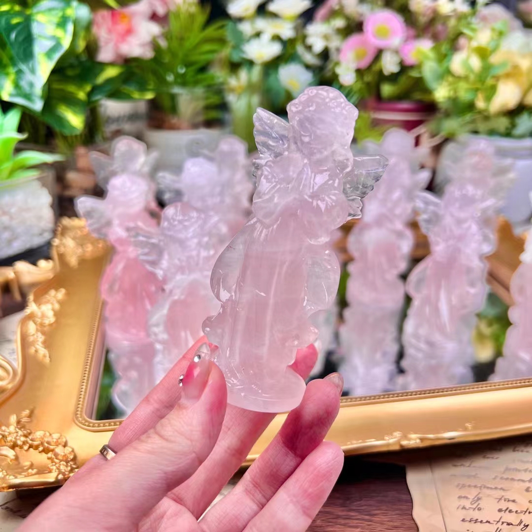 Best selling custom carved crystal angels natural 4 inches prayer angel rose crystal carving crafts for home decoration