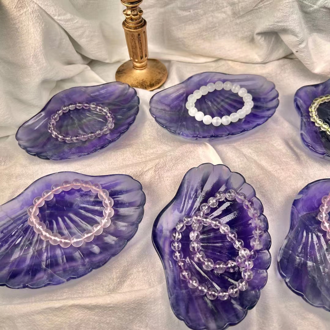 Crystal crafts hand carved stone bowls natural healing purple fluorite carved crystal shell bowl furnishing articles for gifts