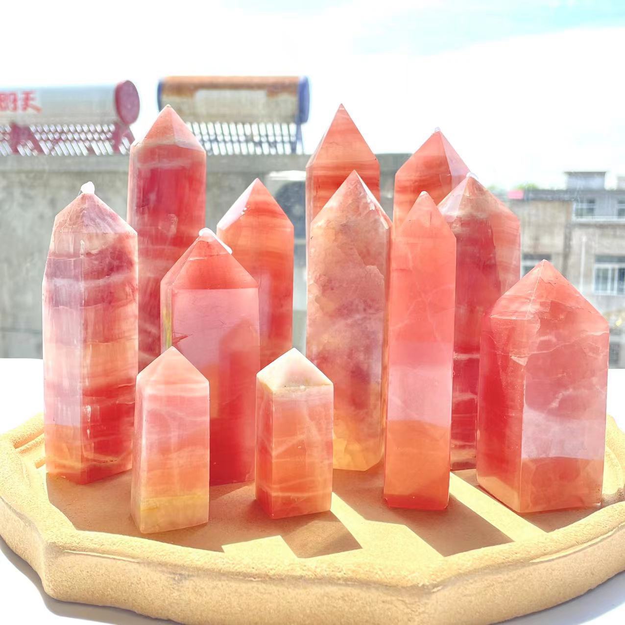 High quality natural healing folk crafts decoration polishing reiki red calcite crystal wand point tower for fengshui