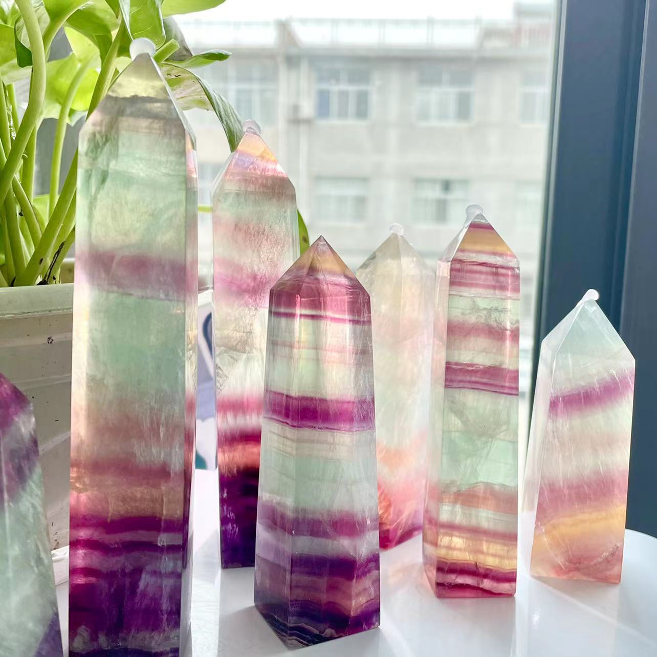 Best selling wholesale polished natural healing pink purple rainbow fluorite obelisk crystal quartz tower points for gifts