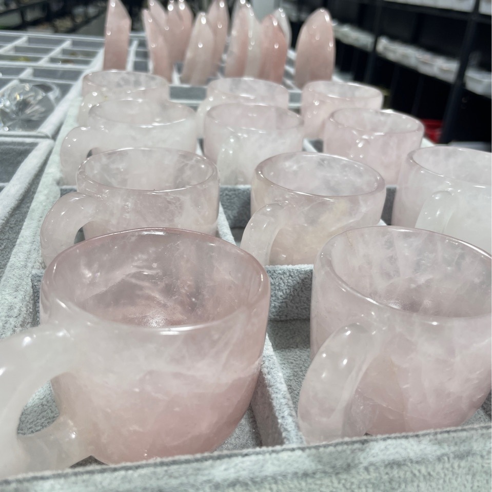 Natural healing rose quartz crystal cup high quality hand carving rose crystal cup set for home decoration