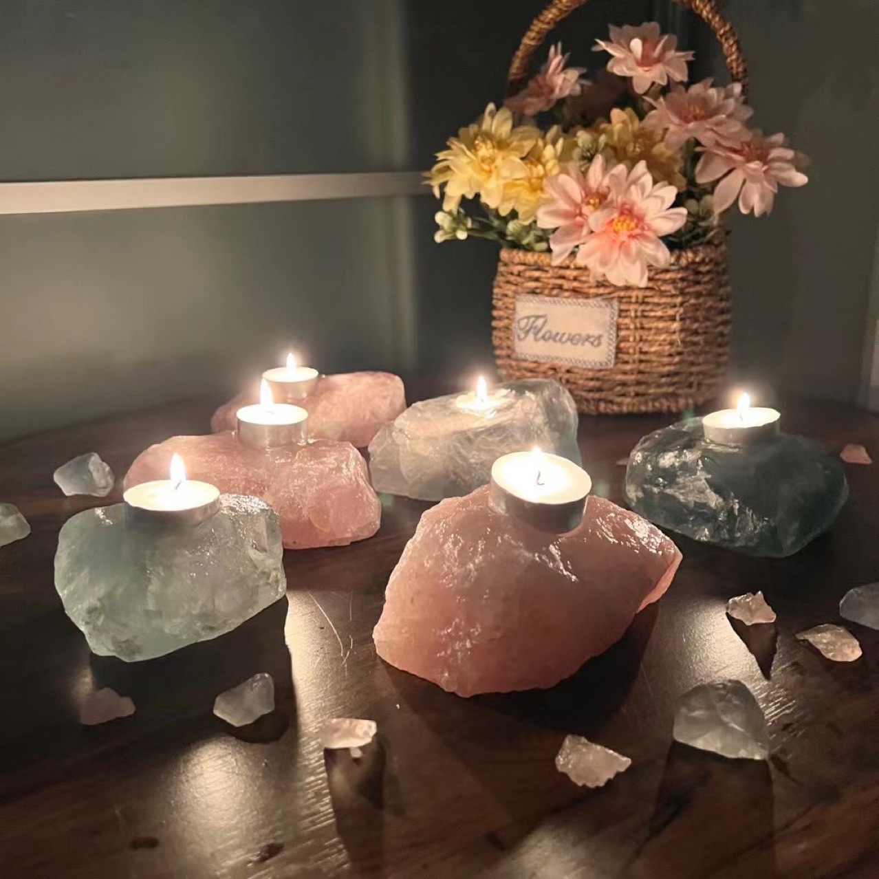 Natural healing raw crystal candle holder wholesale bulk rose quartz fluorite rough stone candle holder for decoration