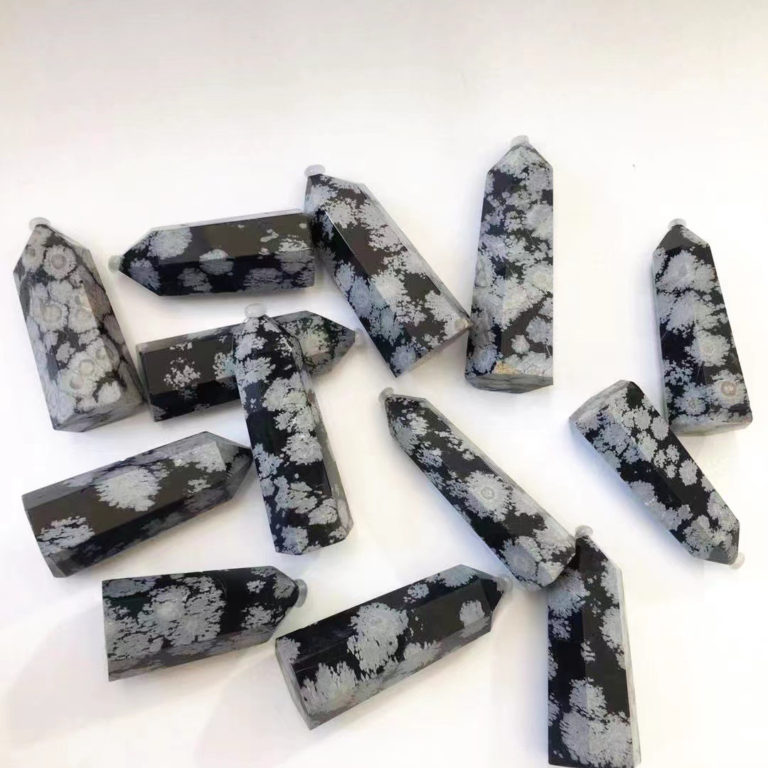 Best selling natural reiki polished snowflake obsidian crystals healing stones tower point crafts for fengshui