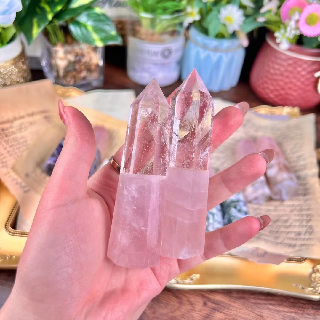 Fengshui healing crystal towers gemstone crafts natural double color stitching rose quartz crystal tower point wholesale