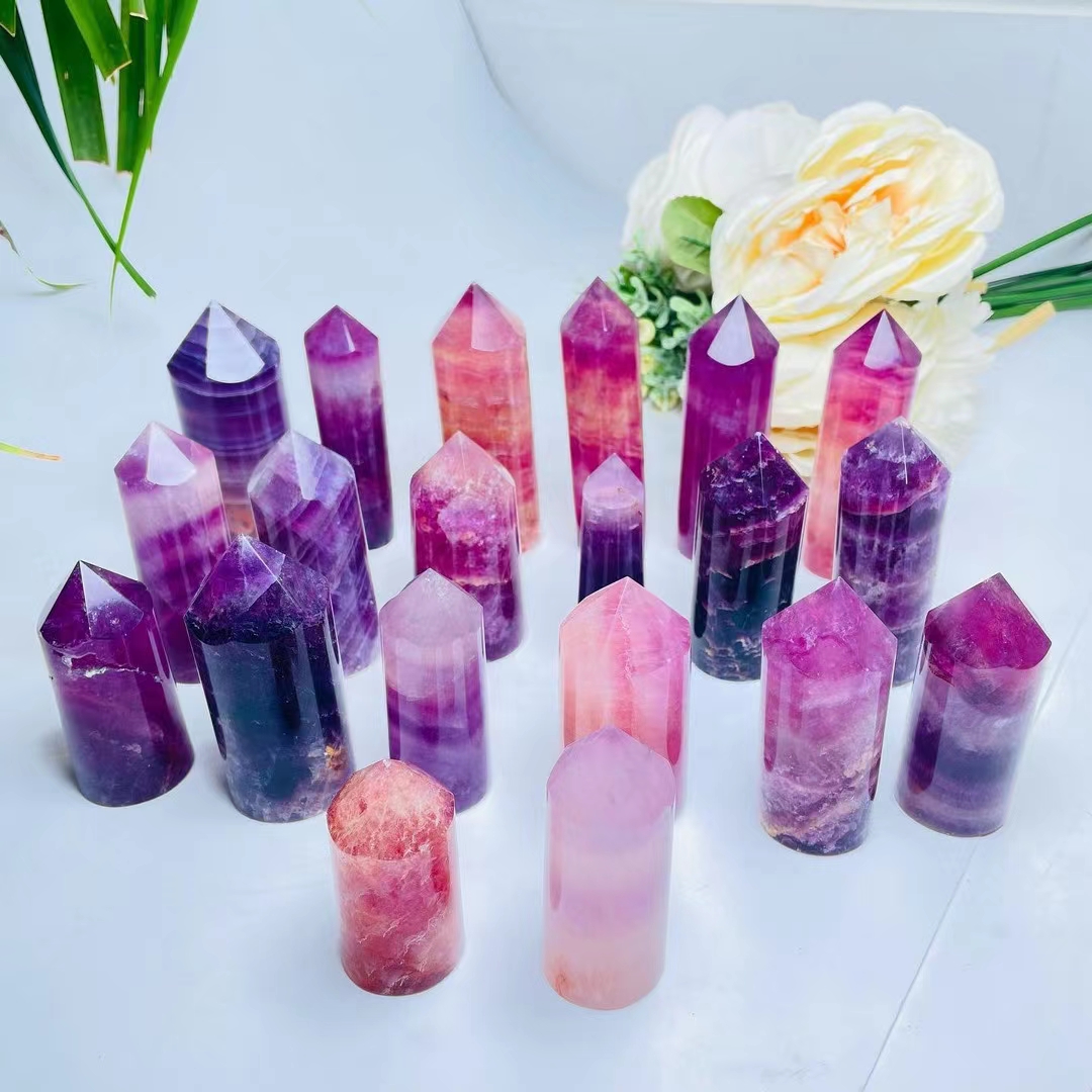 Natural polishing crystal tower wholesale healing gem stone cylindrical purple fluorite point tower for decoration