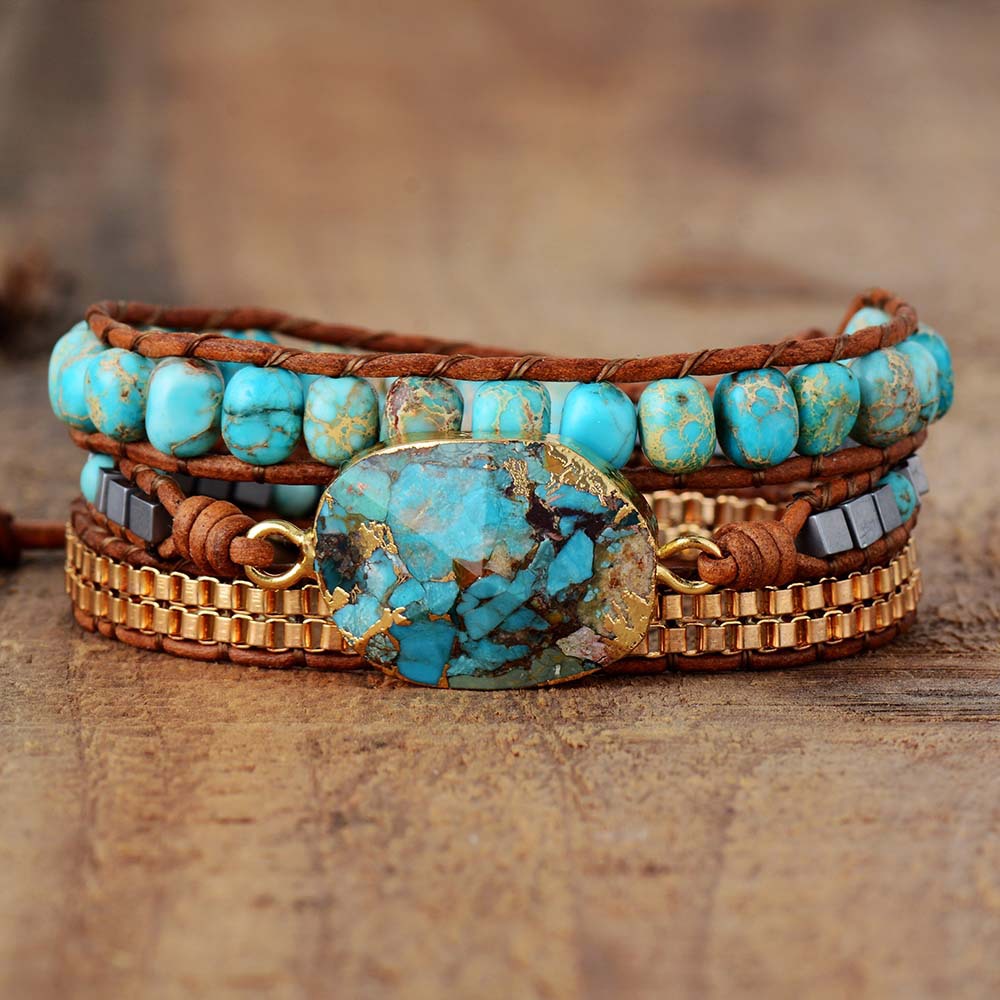 Three layer winding handmade woven leather rope bohemian beaded wind cut corner natural turquoise crystal bracelet jewelry gifts