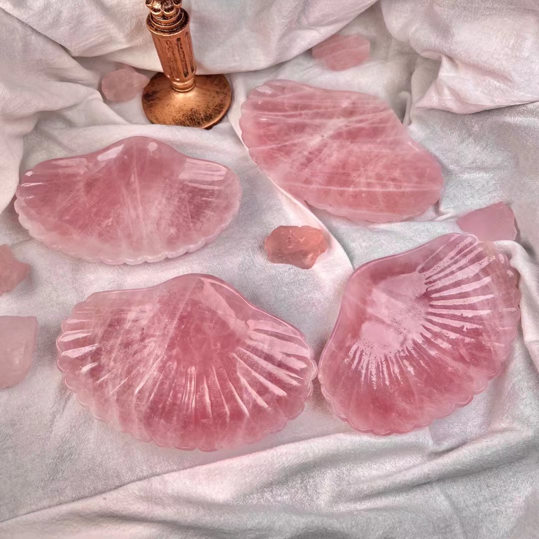 Hand carved crystal bowl gemstone wholesale natural rose carved crystal healing shell bowl furnishing articles for decoration