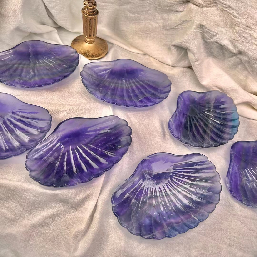 Crystal crafts hand carved stone bowls natural healing purple fluorite carved crystal shell bowl furnishing articles for gifts