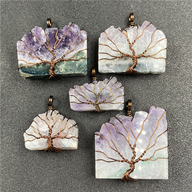 Wholesale natural irregular stone pendant healing reiki mini tree of life winding gemstone pendant for decoration