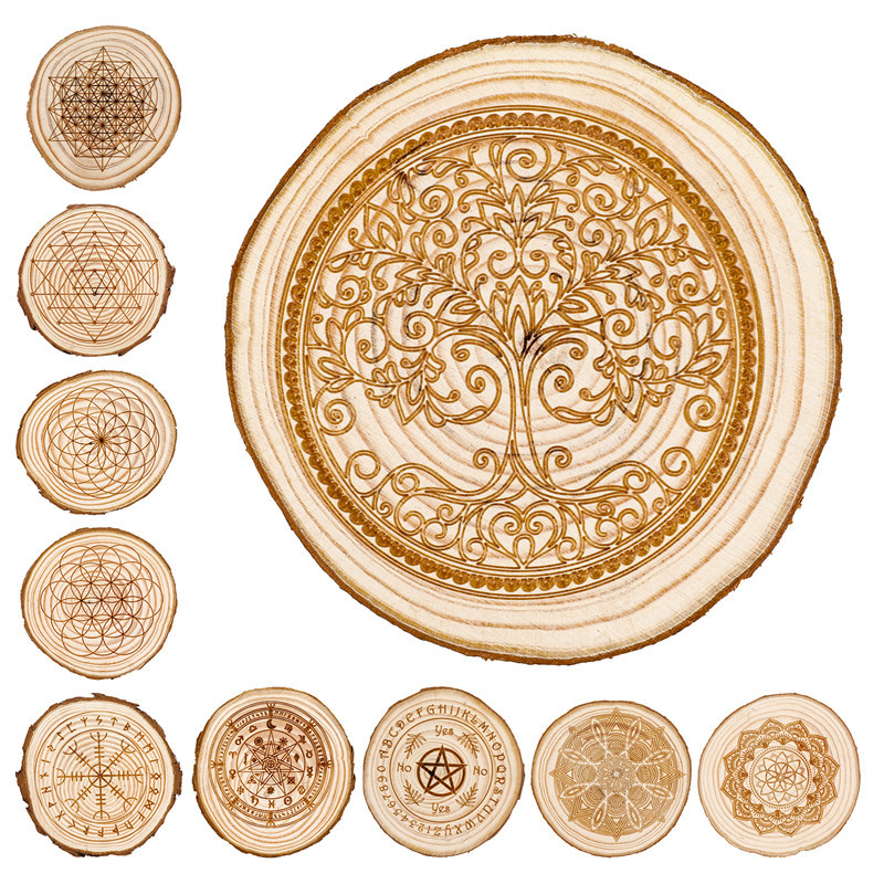 Wholesale Healing Energy Pattern Wood carving crafts round chakra seven star array wooden plate hand carving decoration