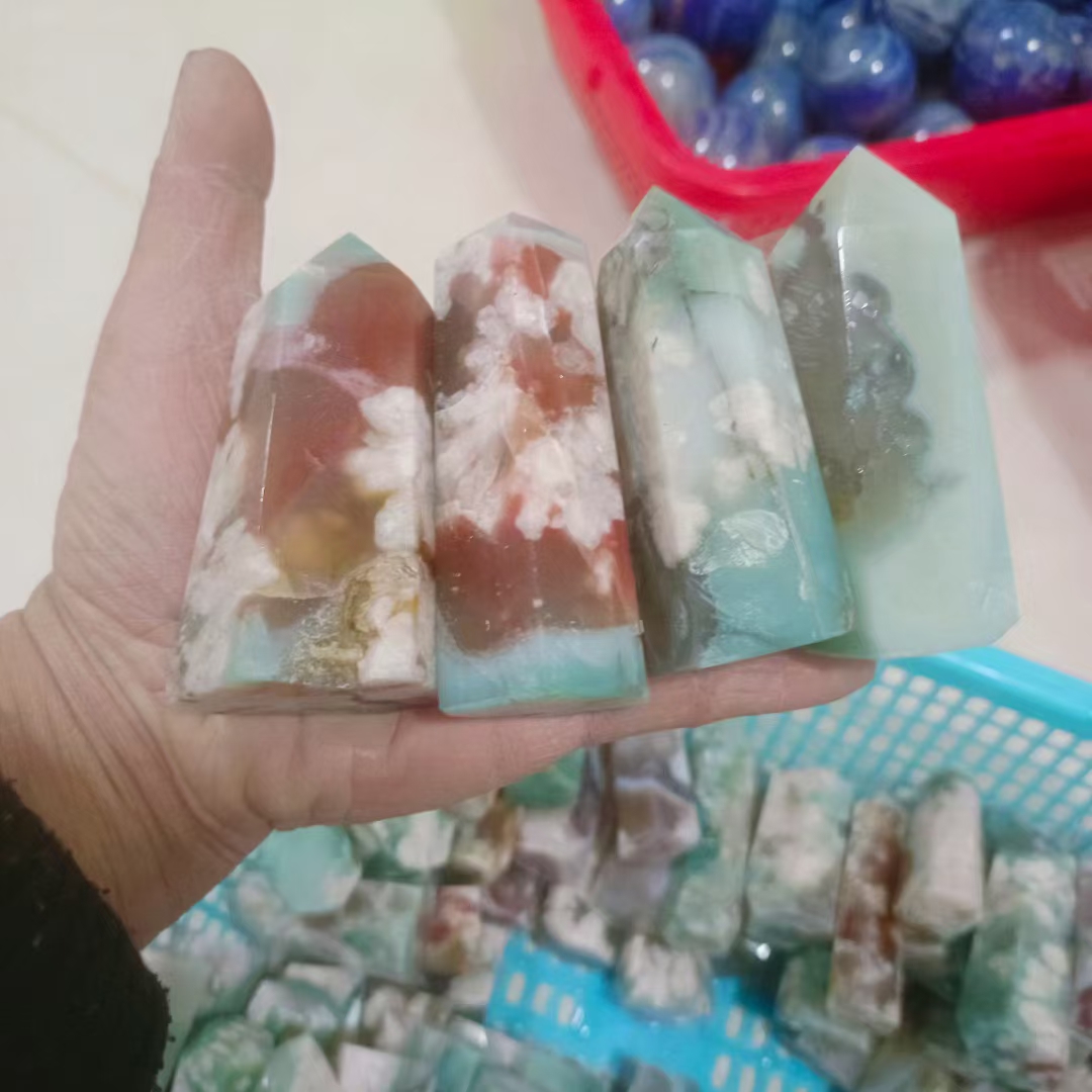 SAMEI JEWELRY natural polished agate crystal tower point bulk healing reiki green cherry good price crystal towers for sale