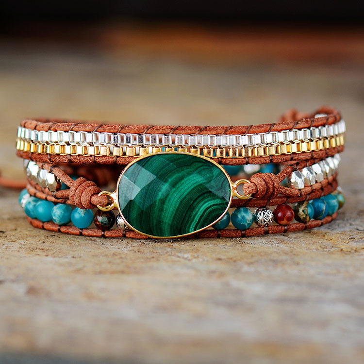 Hot selling wholesale handmade natural stone crystal malachite three coil winding beaded leather bracelet for women