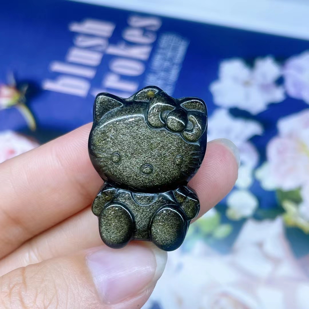 Healing polished hand carved crafts natural gold obsidian hello kitty crystal mini carving for decoration