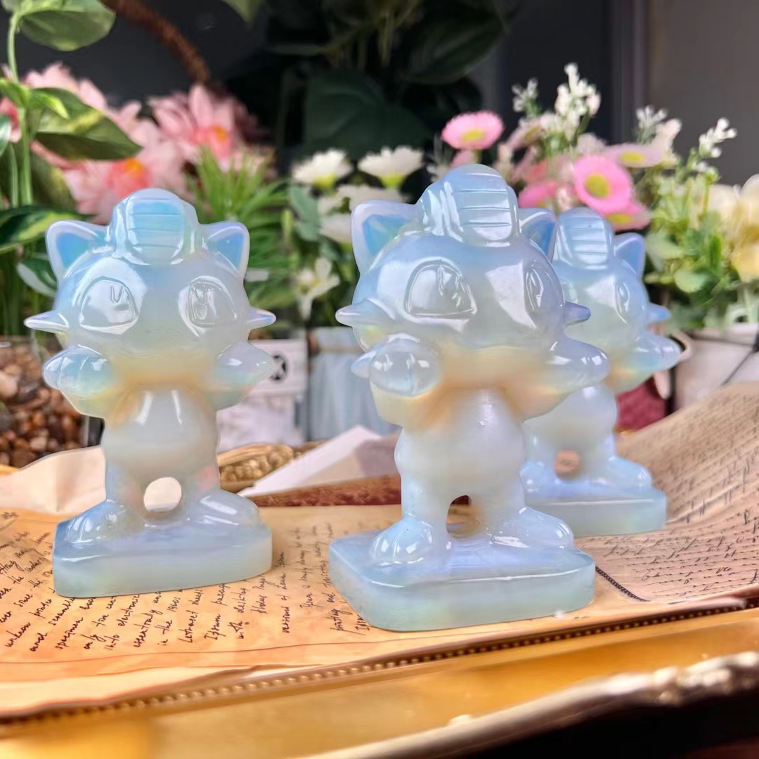 Hot sale reiki gemstone carved animals natural healing opal cartoon cat crystal carvings crafts decoration for fengshui