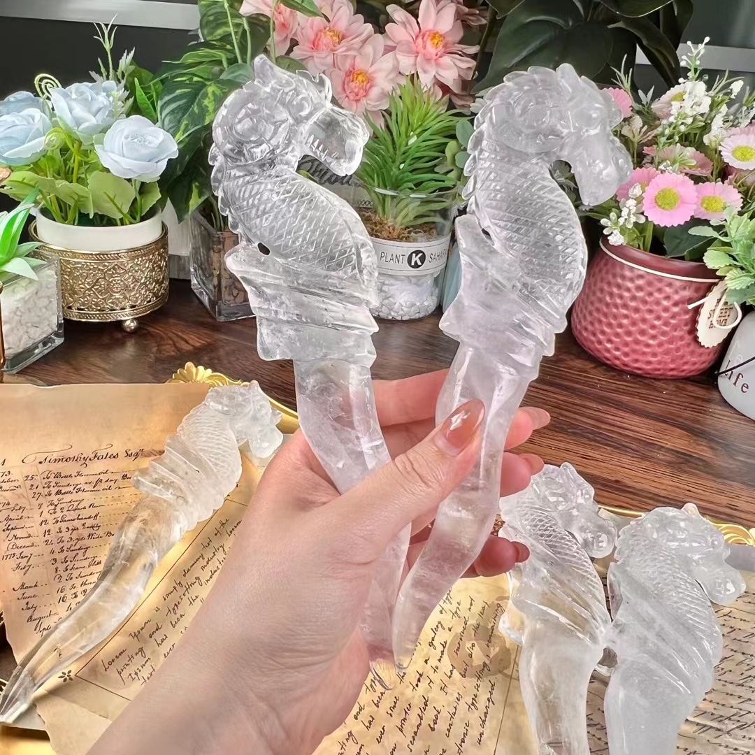 Wholesale hot sale animal hand carved crystal crafts natural healing clear white crystal dragon scepter for decoration