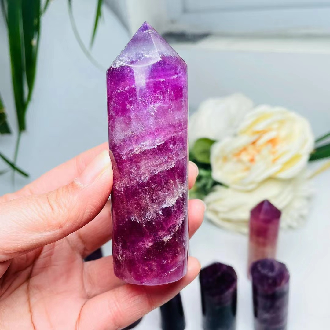 Natural polishing crystal tower wholesale healing gem stone cylindrical purple fluorite point tower for decoration