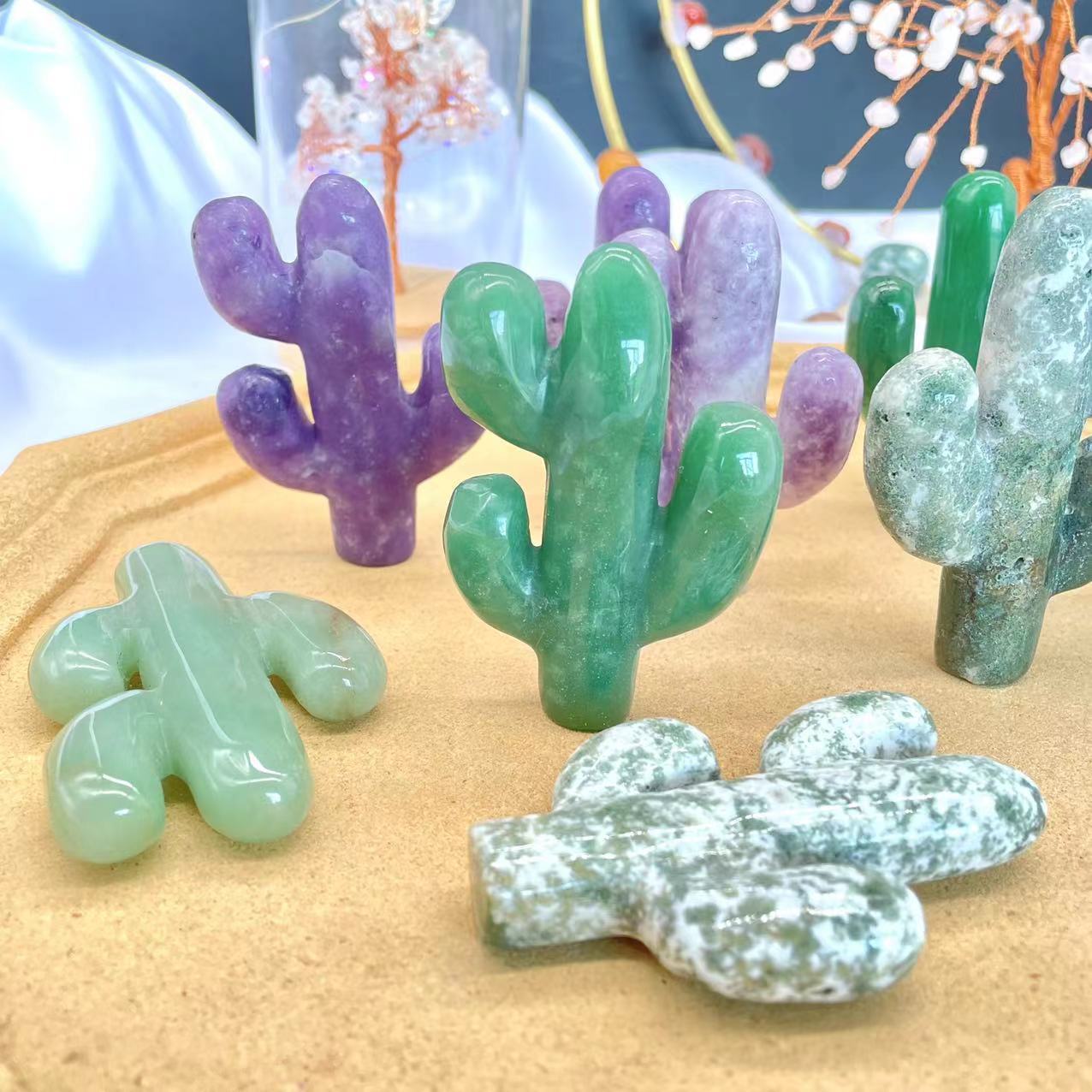 High quality healing carved crystal folk crafts natural polished moss agate cactus crystal carving for home decoration