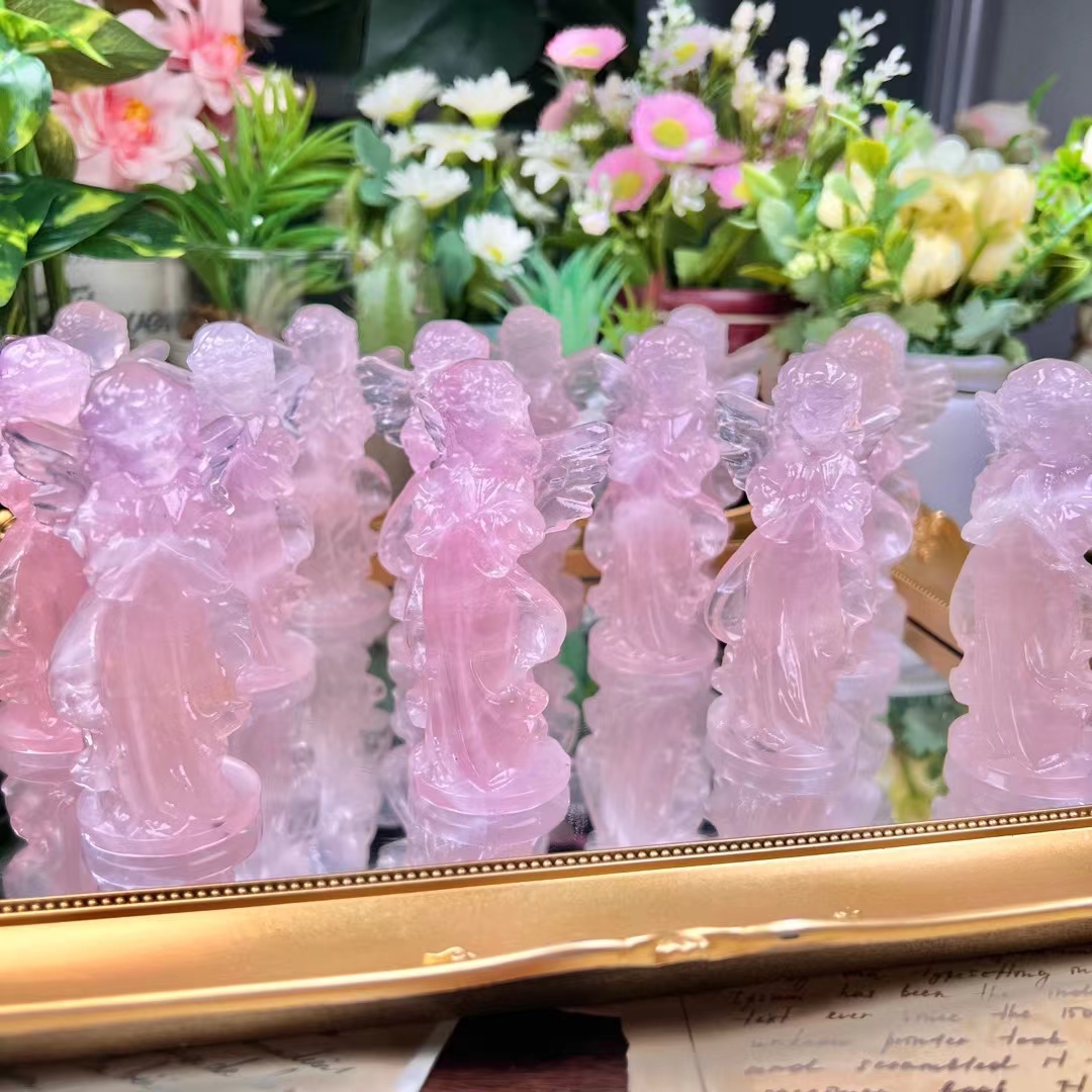 Best selling custom carved crystal angels natural 4 inches prayer angel rose crystal carving crafts for home decoration