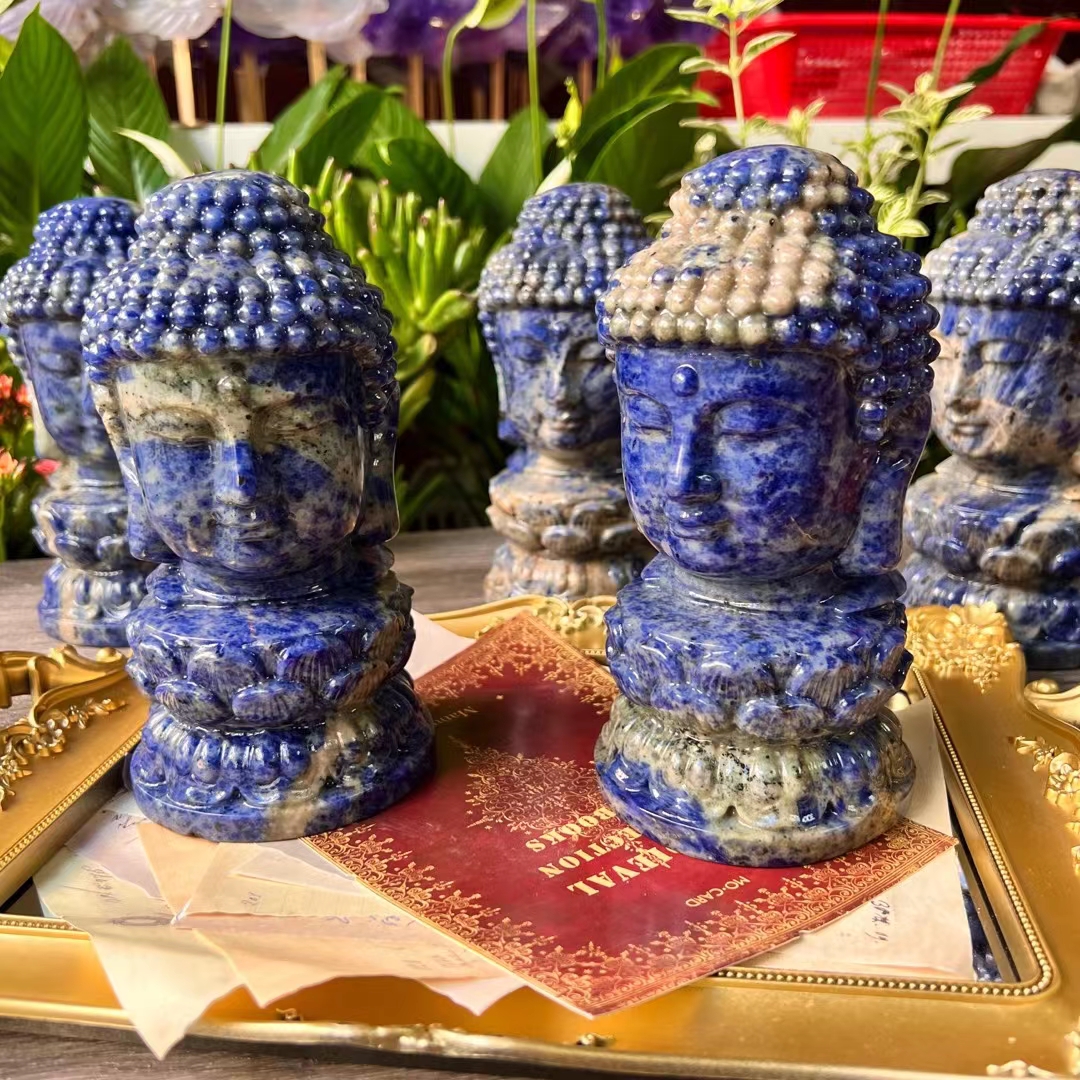 High quality natural healing 7inches blue druzy stone buddha head crystal carving folk crafts for decoration