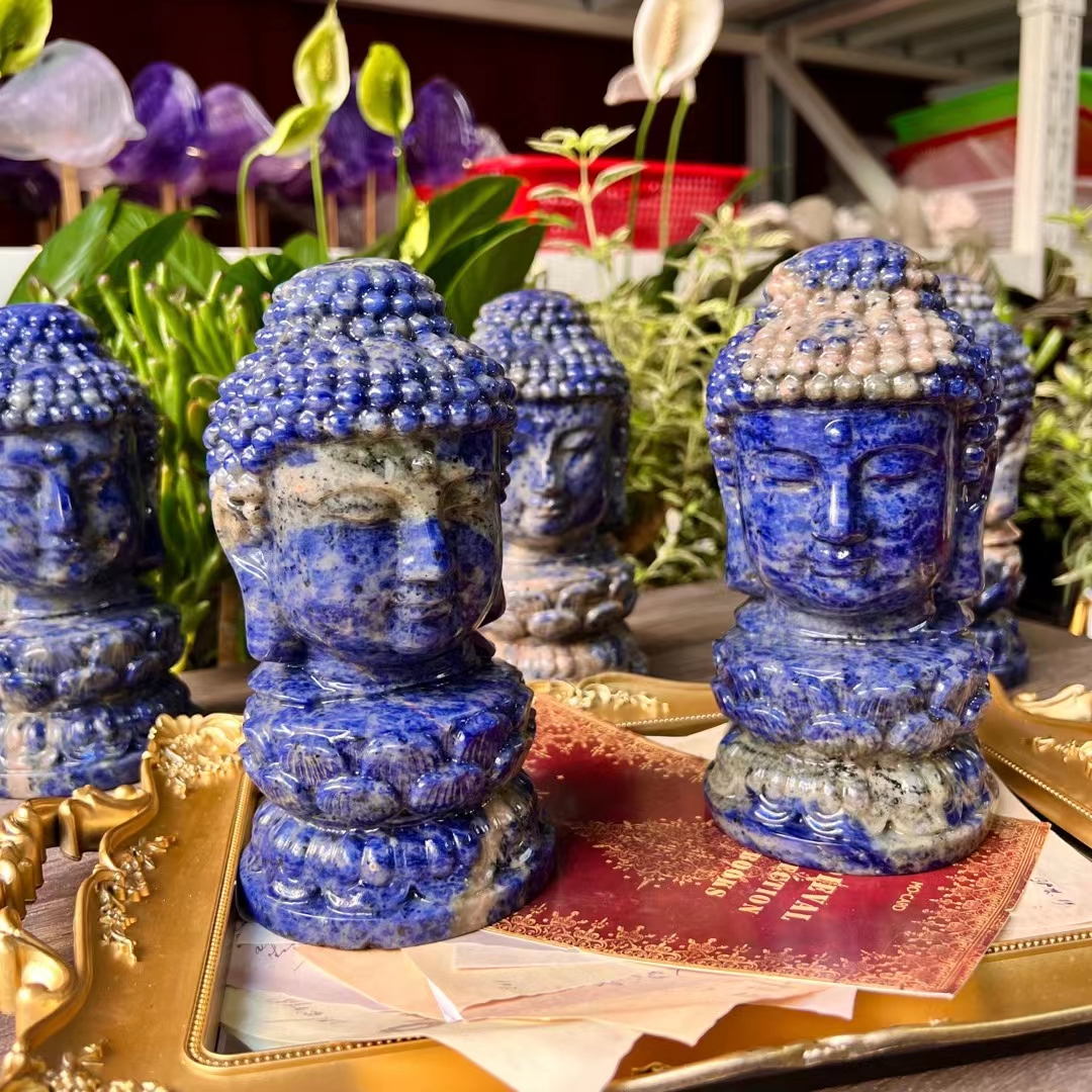 High quality natural healing 7inches blue druzy stone buddha head crystal carving folk crafts for decoration