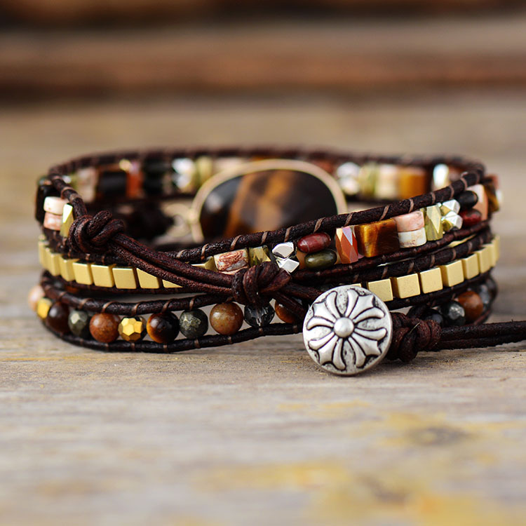 Handmade weaving fashion style multi-layer winding natural egg-shaped tiger eye stone bracelet beads crystal jewelry