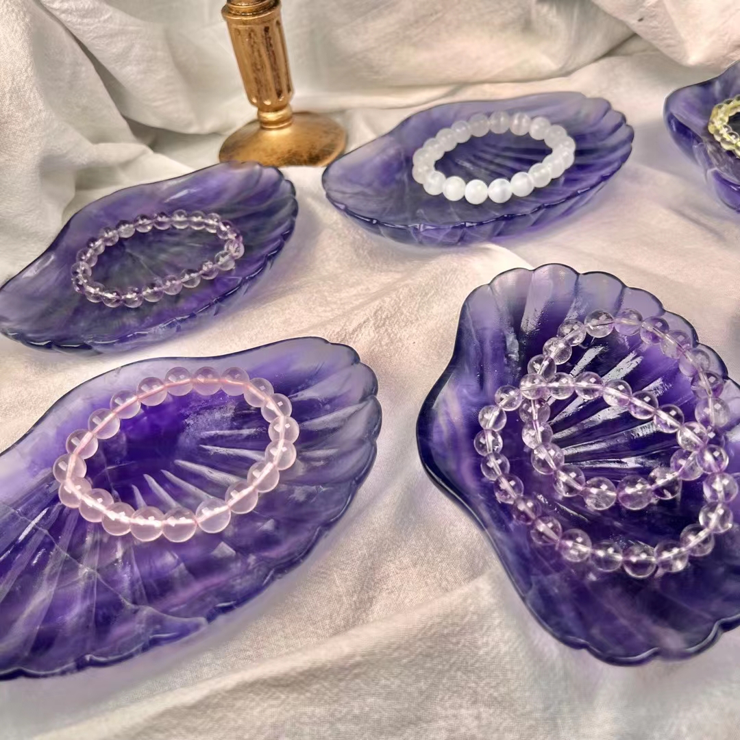 Crystal crafts hand carved stone bowls natural healing purple fluorite carved crystal shell bowl furnishing articles for gifts