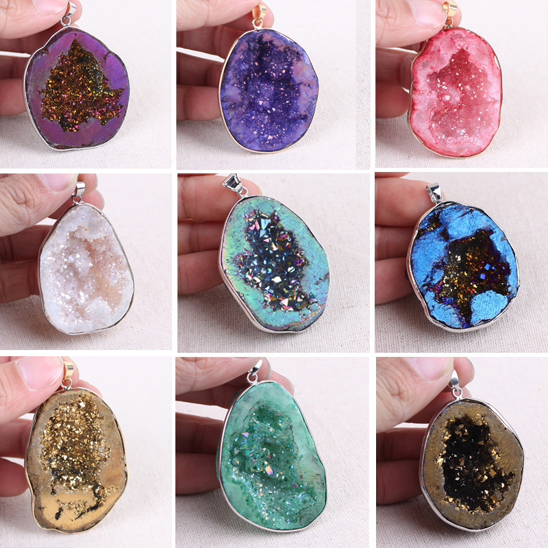 wholesale natural Stone Crystal agate geode crystal pendant necklace electroplate crystals healing stones for gifts