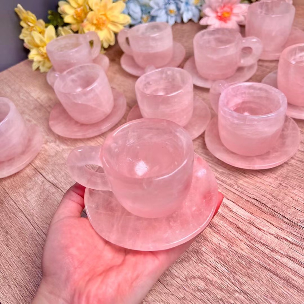 Natural healing gemstone cup carving crafts wholesale mini rose quartz crystals carvings cup set for decoration