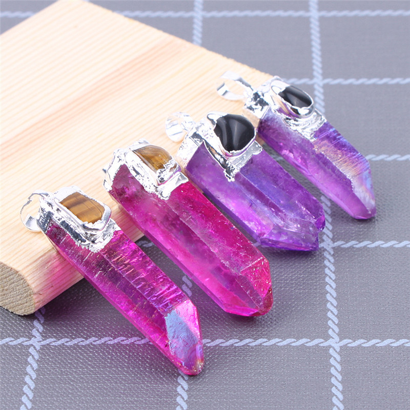 Wholesale Natural Energy Healing jewelry necklace Silver plated gemstone hexagon colorful crystal tower point pendant for gift