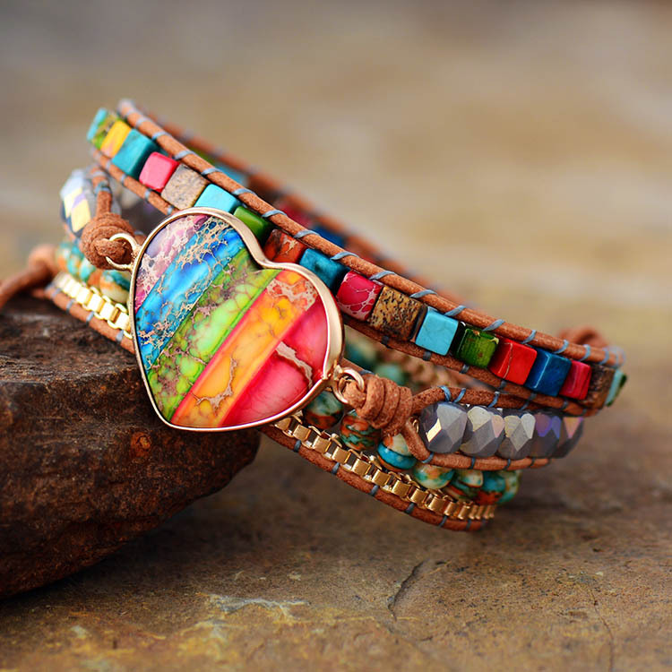 New arrival natural colorful heart-shaped emperor stone hand-woven leather wrapped multilayer beads bracelet jewelry woman