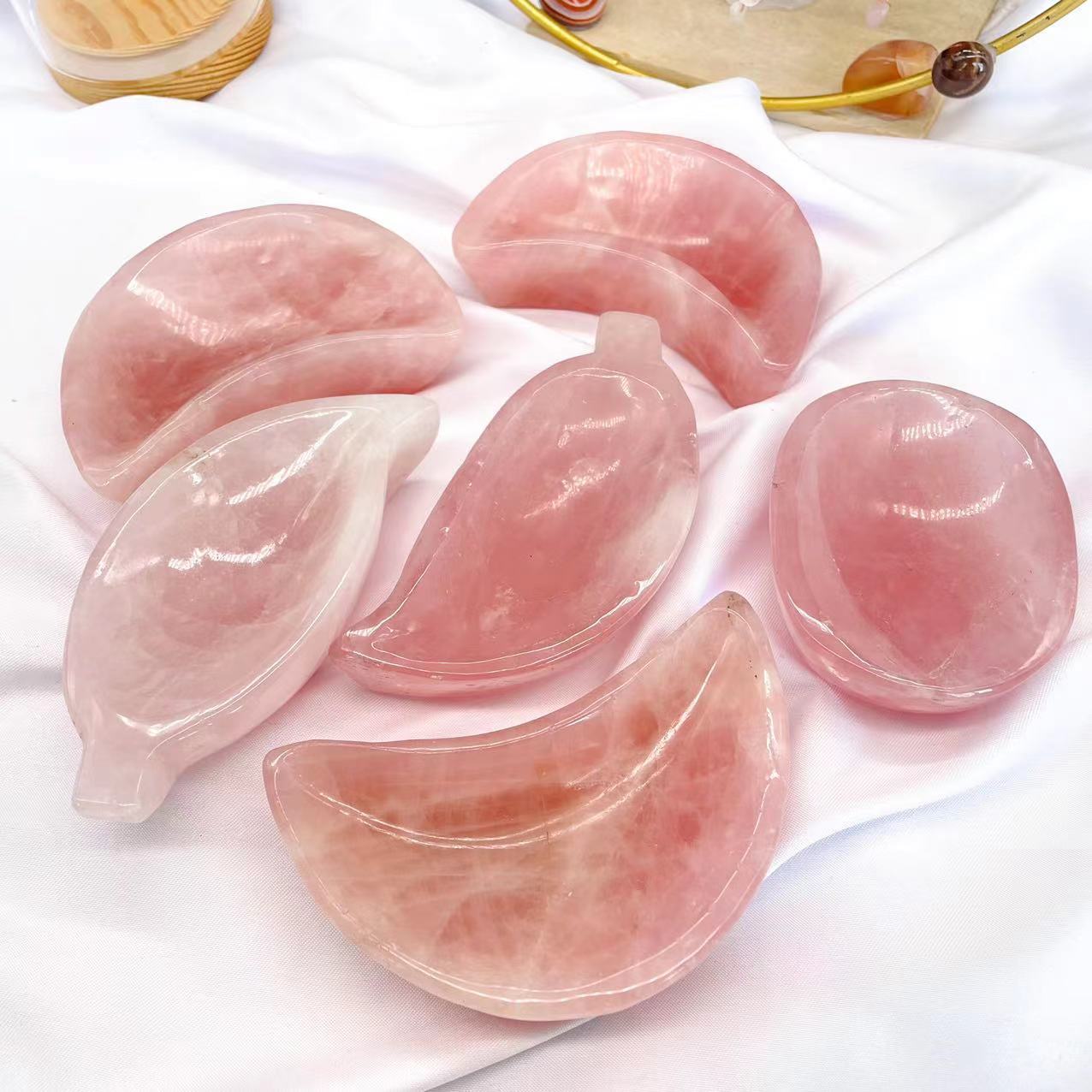 Hot sale natural healing gemstone crystal carving leaves multi shaped pink rose quartz carved crystal bowl for gifts