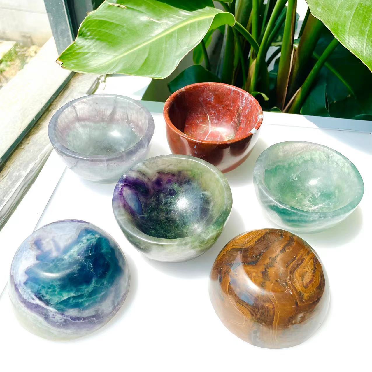 Wholesale customized Crystal handicraft gem natural healing hand carved crystal ore rainbow fluorite bowl for sale