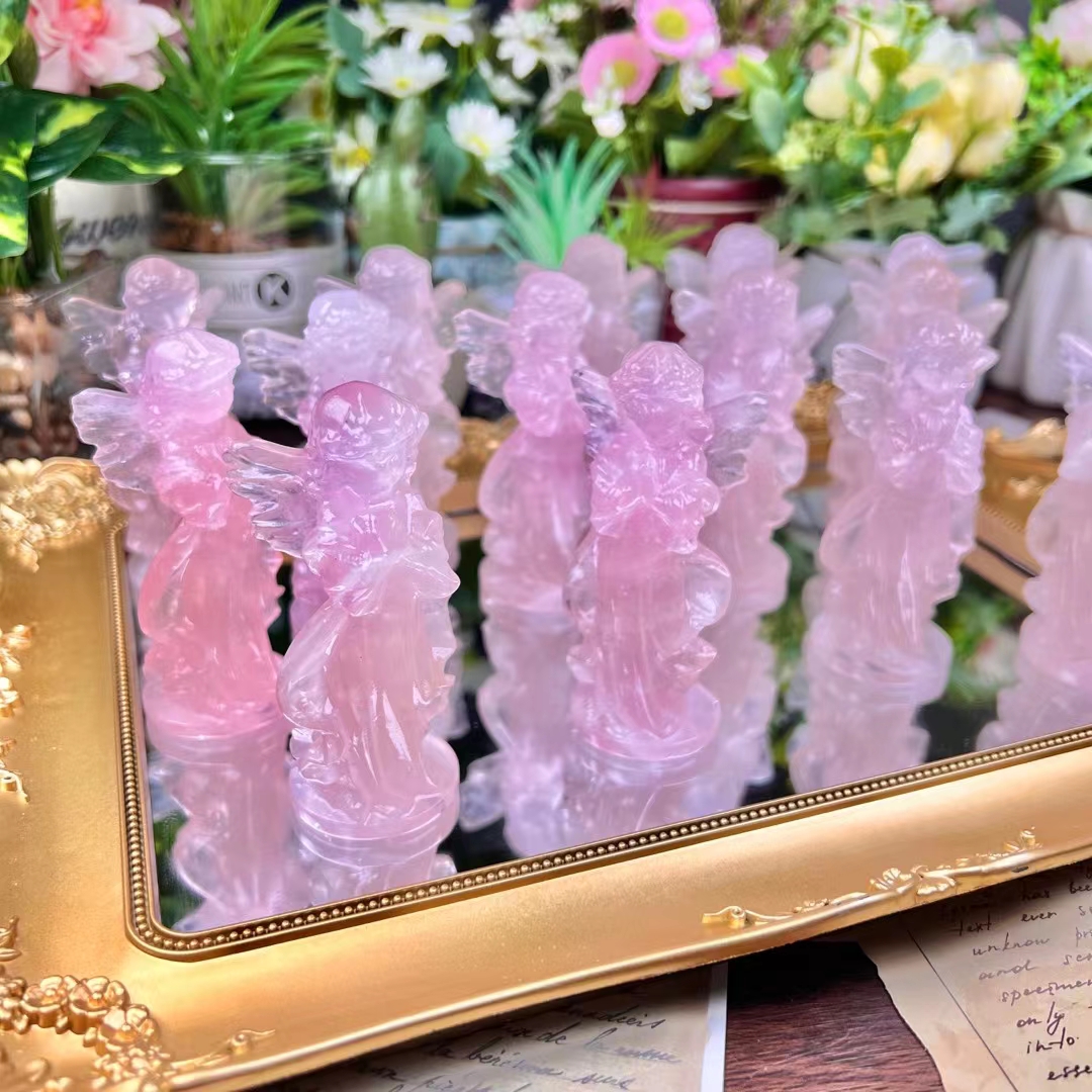 Best selling custom carved crystal angels natural 4 inches prayer angel rose crystal carving crafts for home decoration