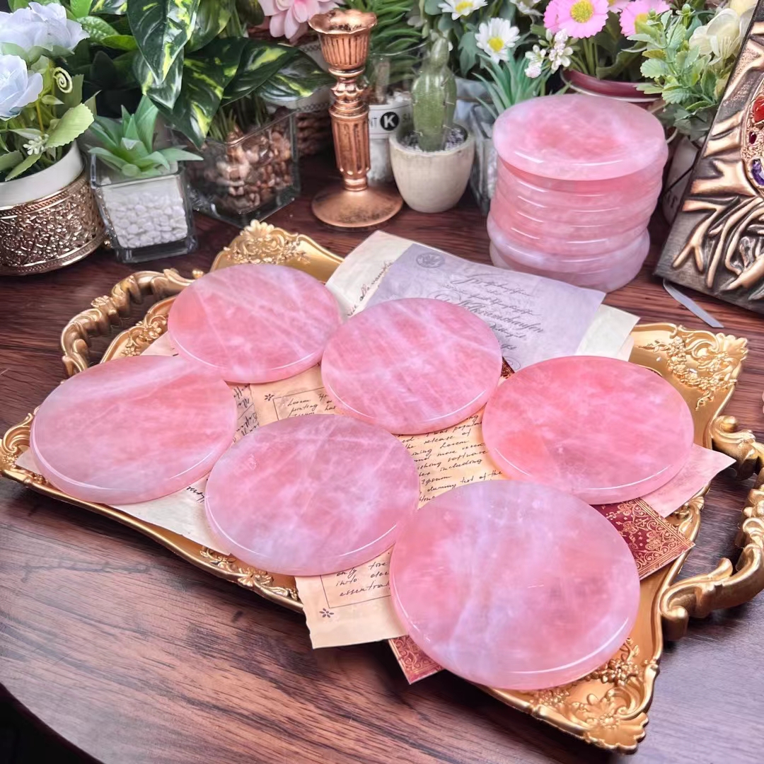 High quality natural hand carved crystal crafts polished healing quartz rose crystal stone carving round dish decoration