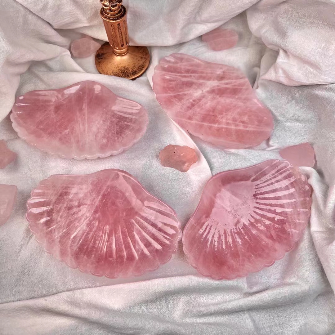 Hand carved crystal bowl gemstone wholesale natural rose carved crystal healing shell bowl furnishing articles for decoration